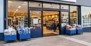 Bedrijven in Zutphen Voorkant van een Action winkel met open ingang en winkelkarren buiten.