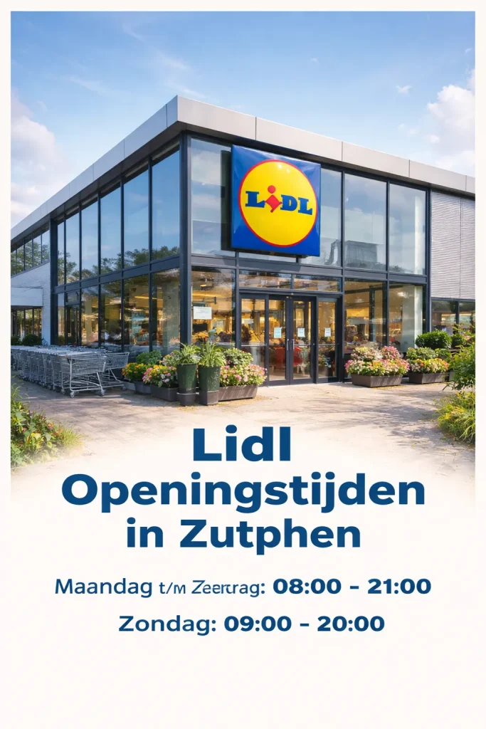 Realistische buitenkant van een supermarkt in Zutphen, zonder tekst in beeld.