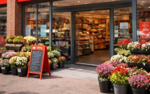 Bedrijven in Zutphen Ingang van de supermarkt met bloemen en open deuren.