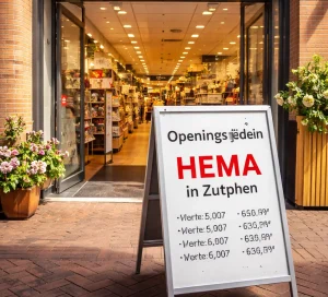 Bedrijven in Zutphen Realistische foto van de ingang van een HEMA-winkel in Zutphen.