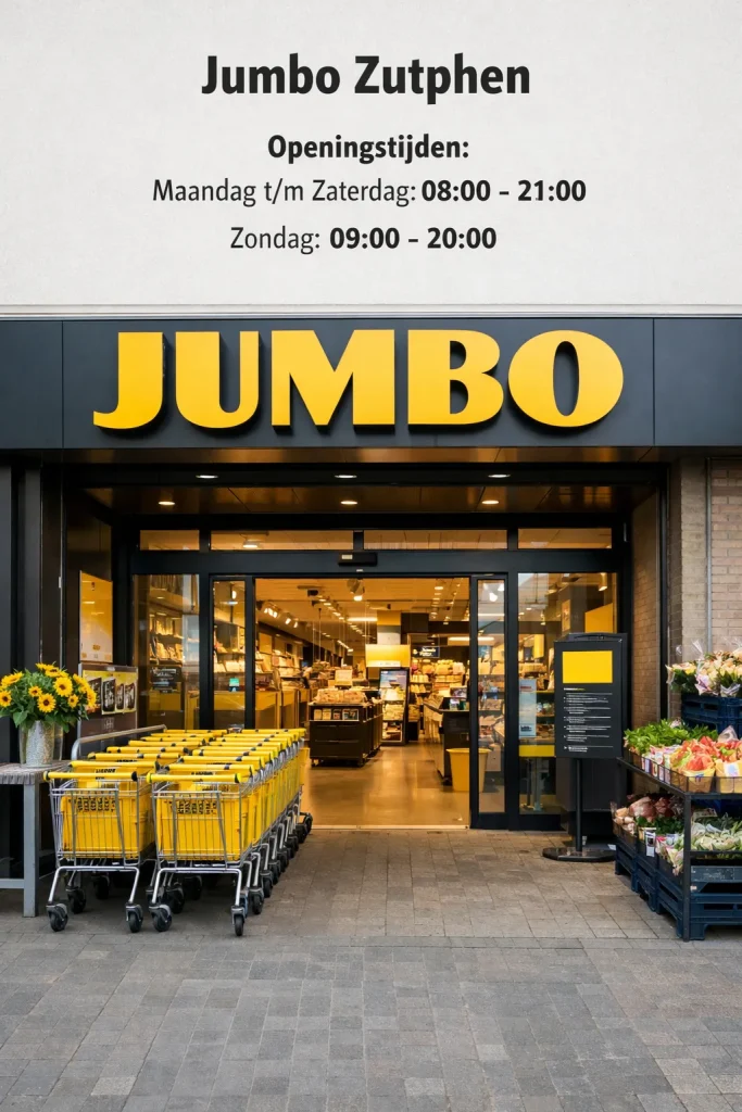 Realistische foto van de ingang van een Jumbo-supermarkt in Zutphen.