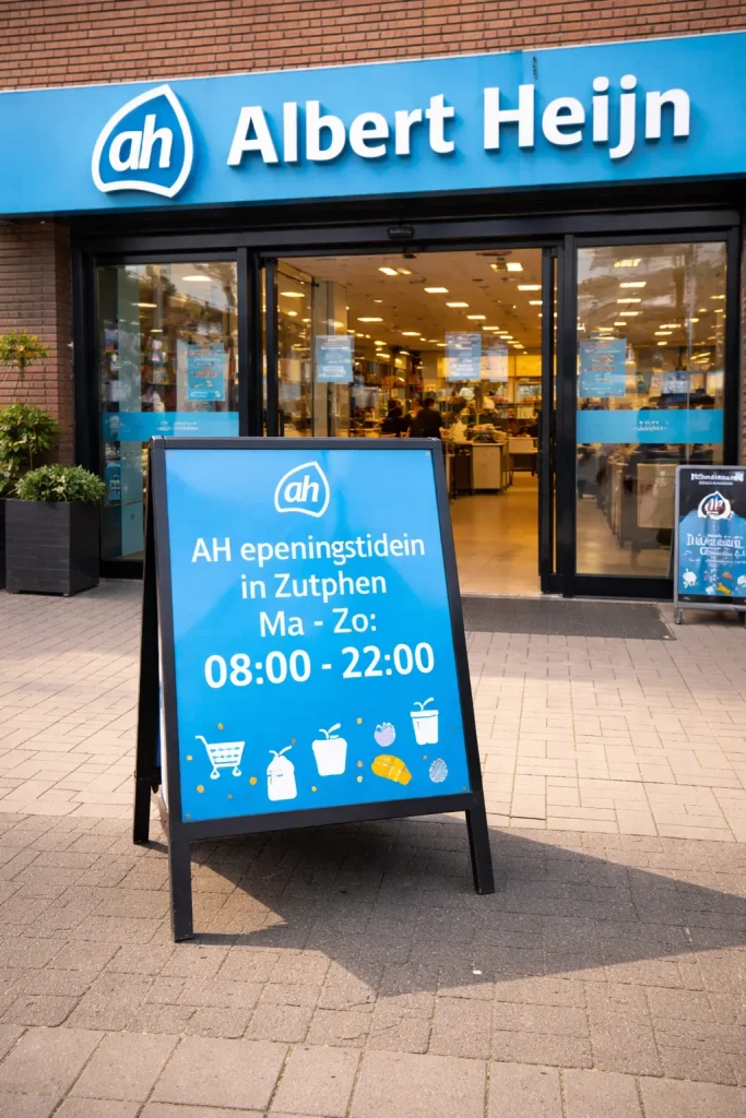 Realistische foto van de ingang van een Albert Heijn in Zutphen, met focus op de openingstijden en de herkenbare blauwe huisstijl.