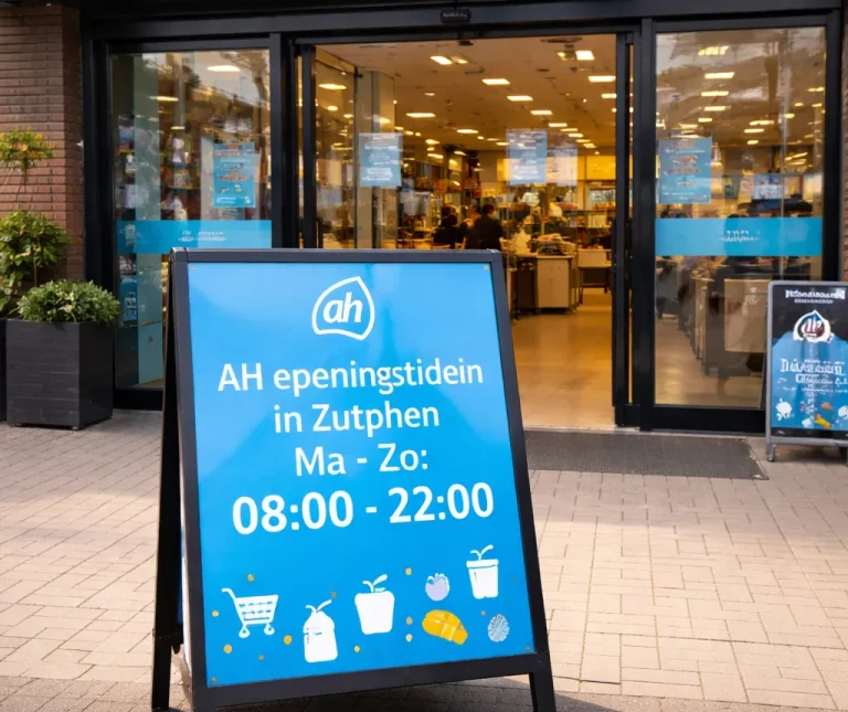 Realistische foto van de ingang van een Albert Heijn in Zutphen, met focus op de openingstijden en de herkenbare blauwe huisstijl.