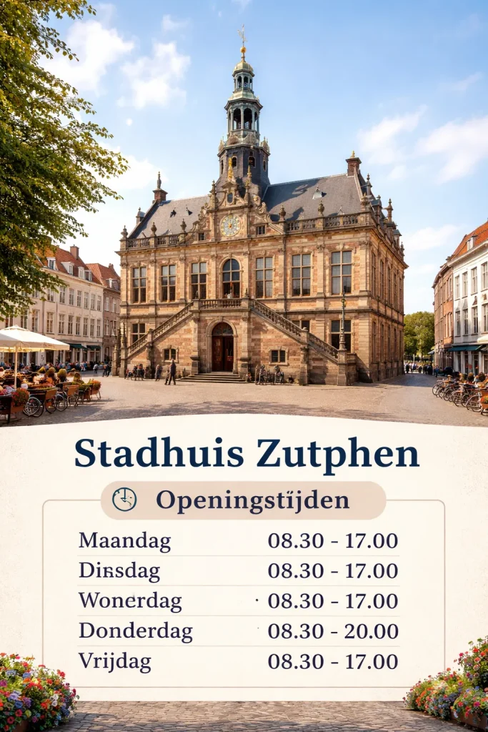 Realistische foto van het historische stadhuis in Zutphen, met klassieke gevel, toren en sfeervolle binnenstad.