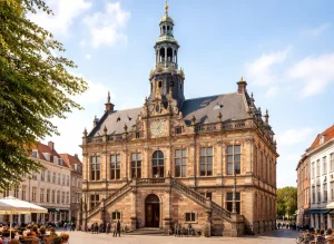 Bedrijven in Zutphen Realistische foto van het historische stadhuis in Zutphen, met klassieke gevel, toren en sfeervolle binnenstad.