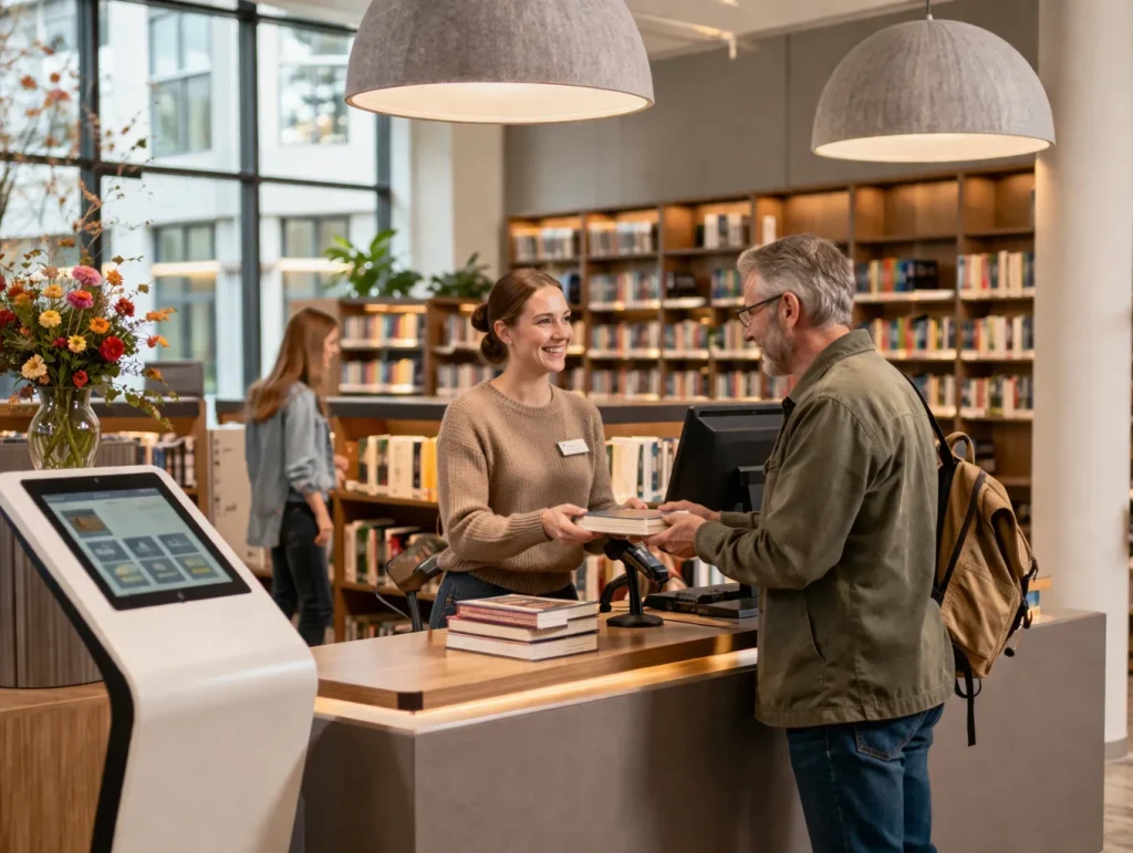 Een realistische foto van een rustige bibliotheek in Zutphen met een warme, uitnodigende sfeer.