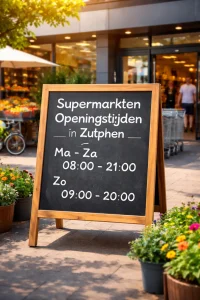 Bedrijven in Zutphen Realistische foto van een supermarkt in Zutphen, met een moderne entree en een rustige straatomgeving.