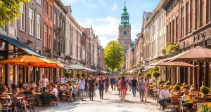 Bedrijven in Zutphen Een realistische foto van een levendig winkelgebied in Zutphen, zonder tekst in beeld.