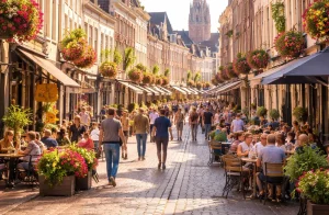 Bedrijven in Zutphen Een realistische foto van een levendige winkelstraat in het centrum van Zutphen.