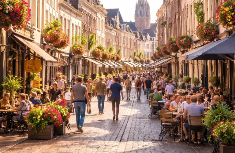 Een realistische foto van een levendige winkelstraat in het centrum van Zutphen.