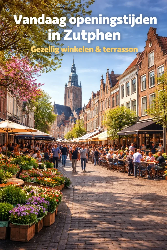 Sfeervolle straat in Zutphen met terrassen, winkels en historische gevels.