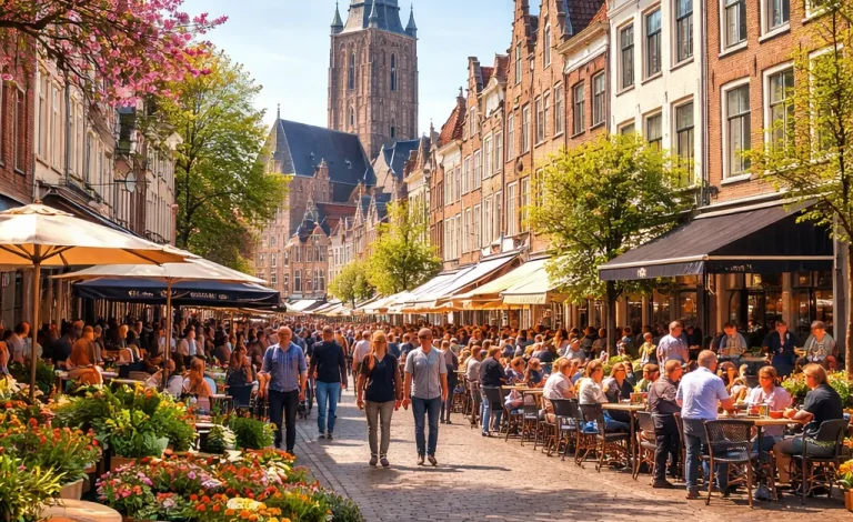 Sfeervolle straat in Zutphen met terrassen, winkels en historische gevels.