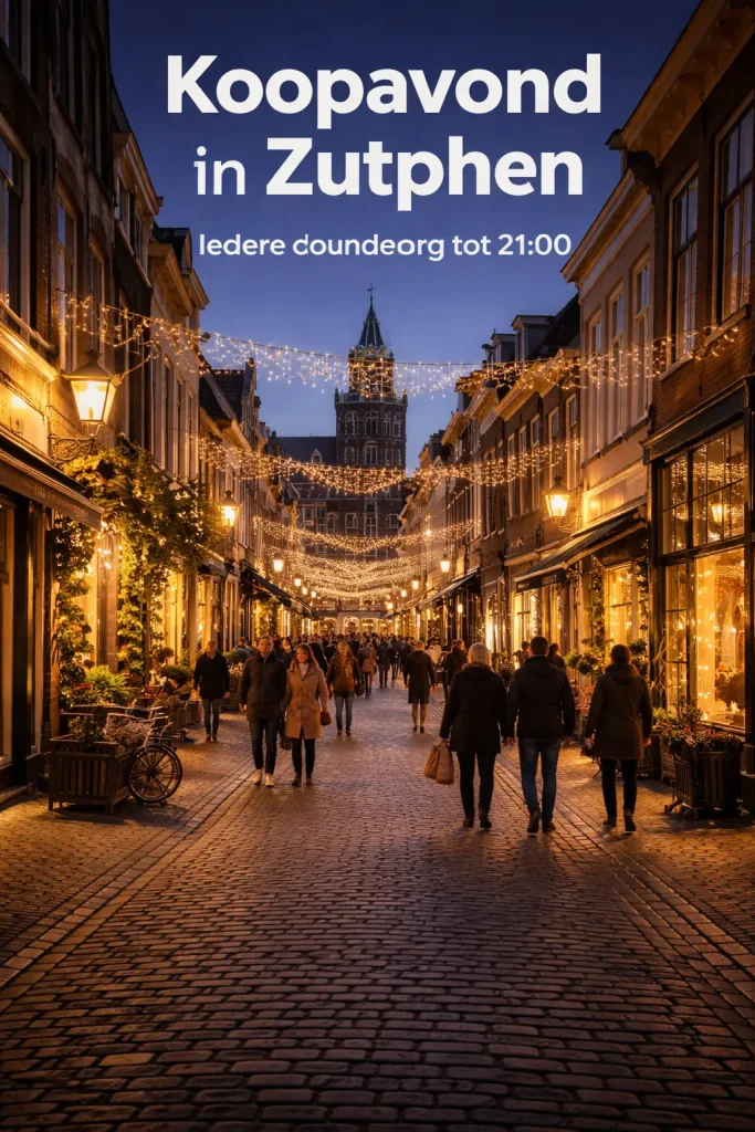 Sfeervolle avondwinkelstraat in Zutphen met warme verlichting en winkelend publiek.