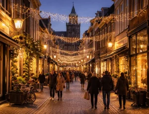 Bedrijven in Zutphen Sfeervolle avondwinkelstraat in Zutphen met warme verlichting en winkelend publiek.