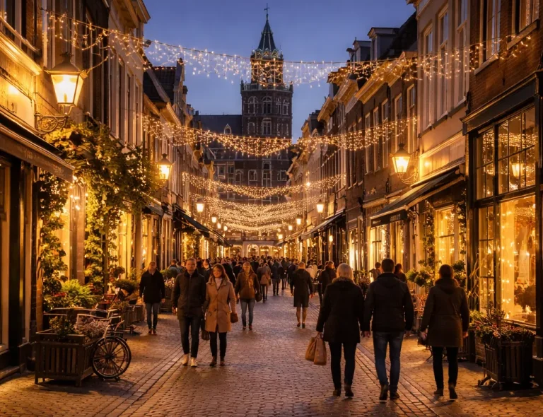 Sfeervolle avondwinkelstraat in Zutphen met warme verlichting en winkelend publiek.