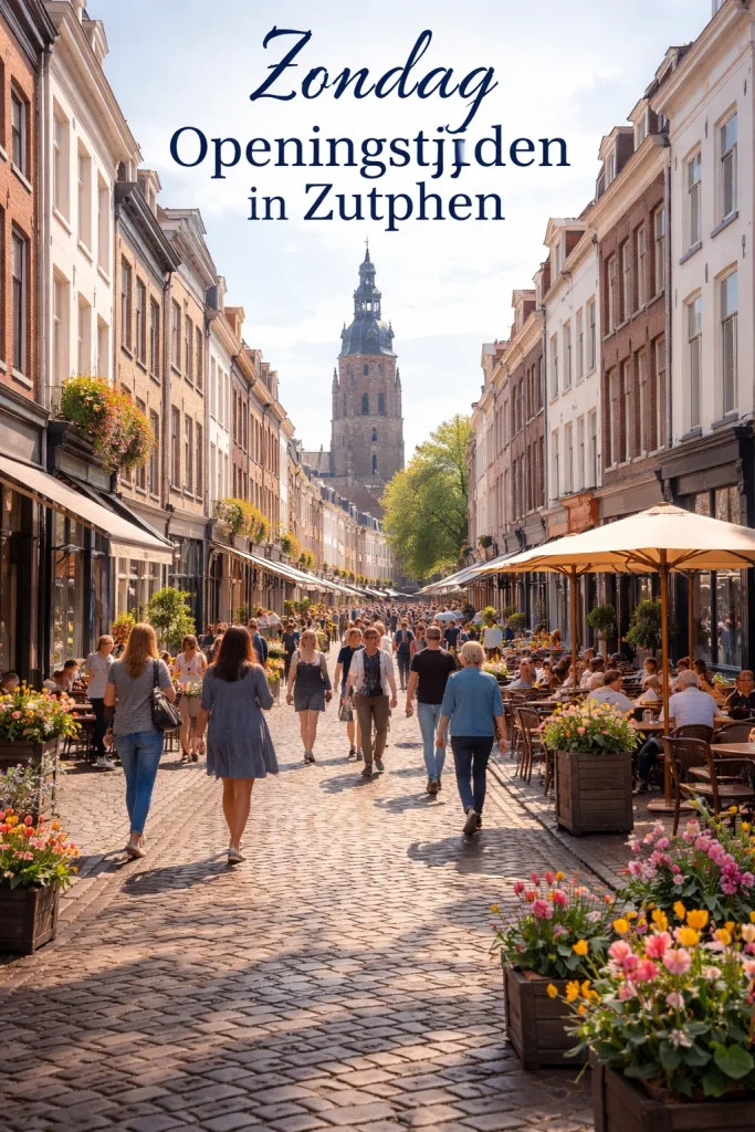 Een realistische foto van een levendige winkelstraat in Zutphen op zondag.