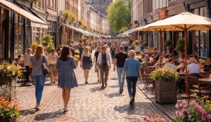 Bedrijven in Zutphen Een realistische foto van een levendige winkelstraat in Zutphen op zondag.