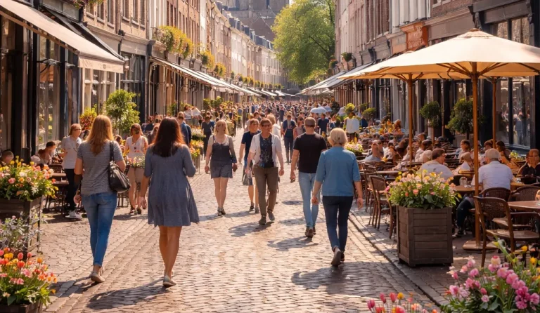 Een realistische foto van een levendige winkelstraat in Zutphen op zondag.