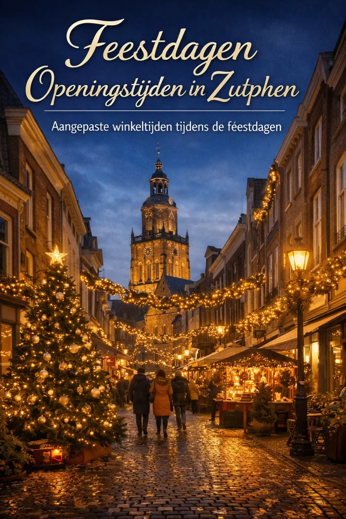 Een warme, realistische winteravond in het centrum van Zutphen met feestverlichting en gezellige winkels.