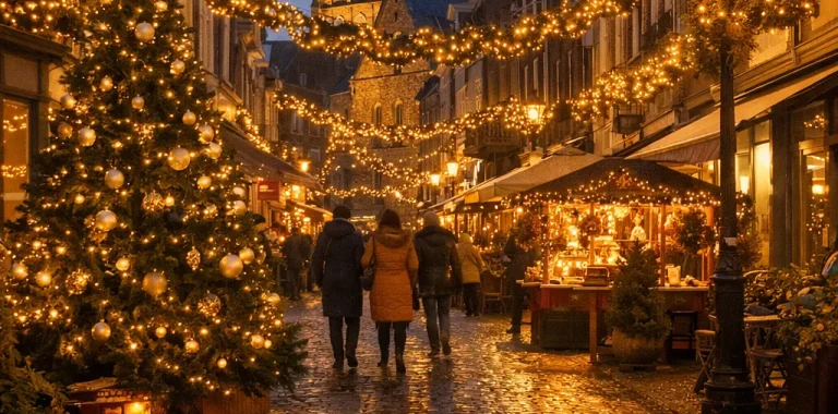 Een warme, realistische winteravond in het centrum van Zutphen met feestverlichting en gezellige winkels.