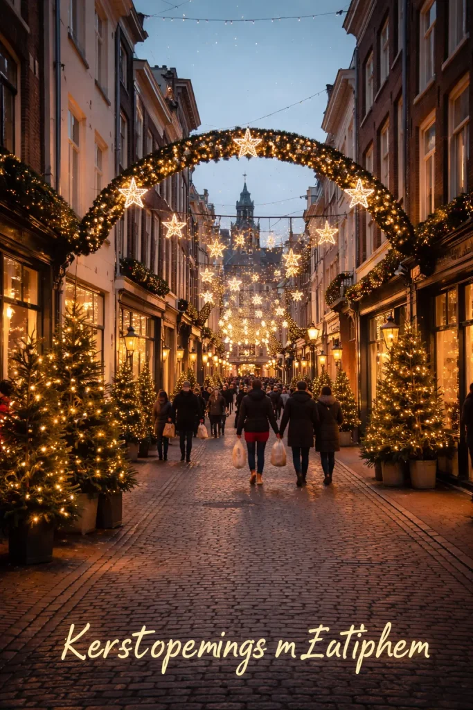 Een sfeervolle straat in Zutphen met warme kerstverlichting en feestelijke winterambiance.