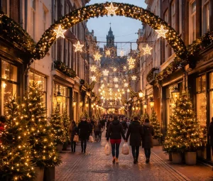 Bedrijven in Zutphen Een sfeervolle straat in Zutphen met warme kerstverlichting en feestelijke winterambiance.