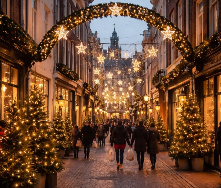 Een sfeervolle straat in Zutphen met warme kerstverlichting en feestelijke winterambiance.