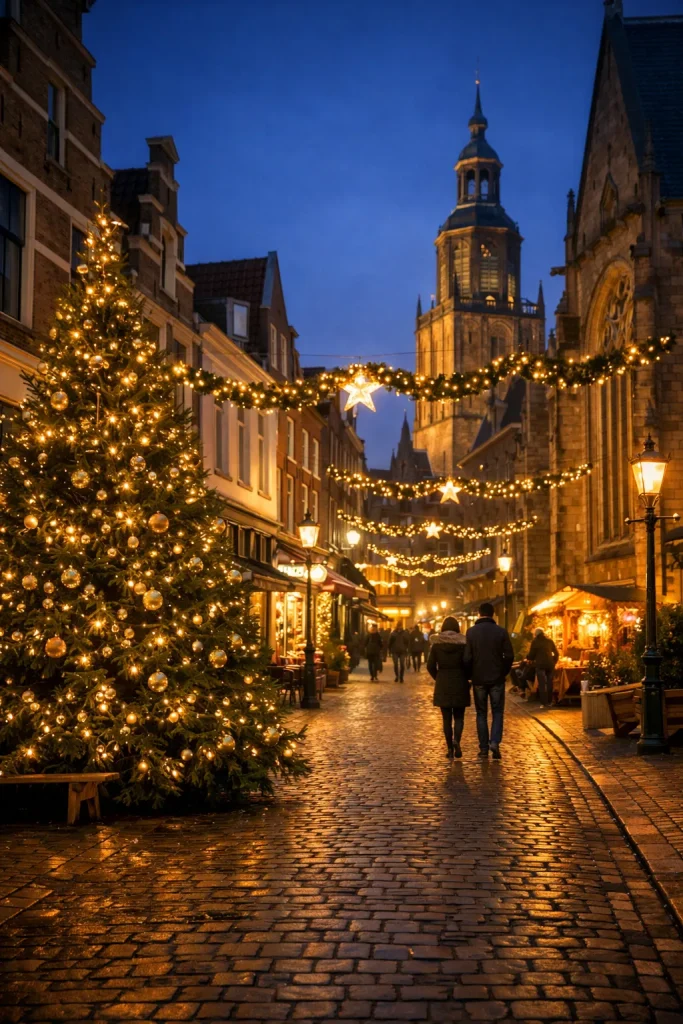 Sfeervolle kerstverlichting in een historische straat in Zutphen.