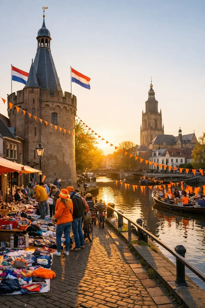 Realistische feestelijke sfeer in Zutphen tijdens Koningsdag, met een warme en lokale uitstraling.