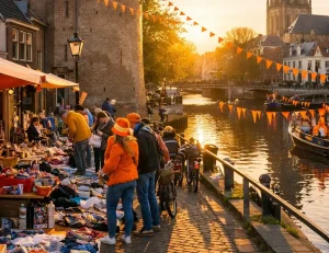 Bedrijven in Zutphen Realistische feestelijke sfeer in Zutphen tijdens Koningsdag, met een warme en lokale uitstraling.
