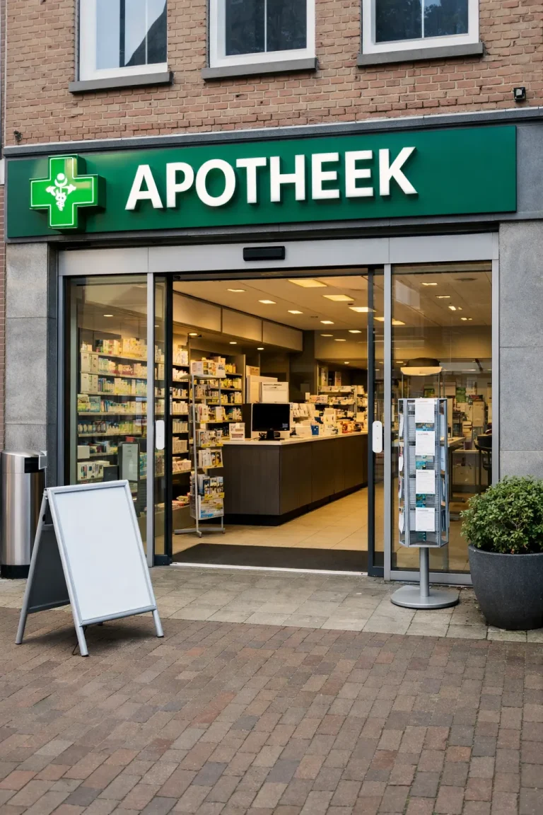 Een realistische foto van de buitenkant van een apotheek in Zutphen, zonder tekst in beeld.