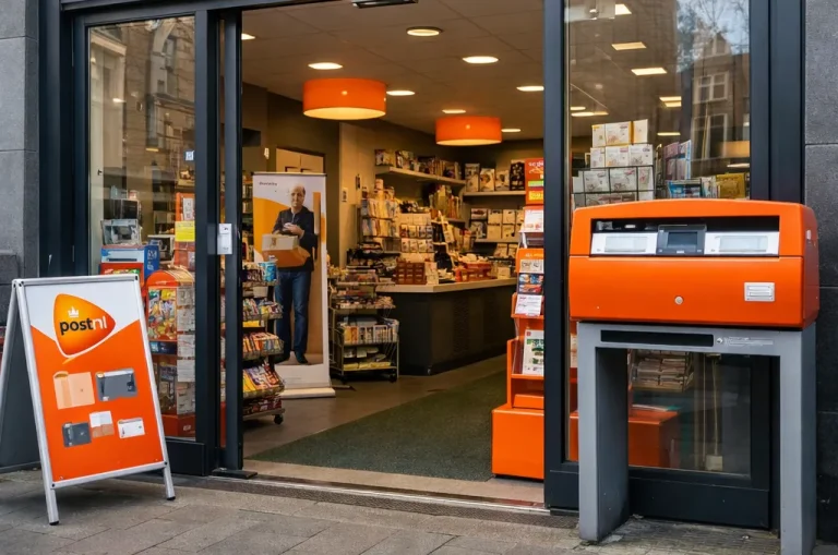 Realistische foto van een PostNL-locatie in Zutphen, met herkenbare oranje elementen en een duidelijke ingang.