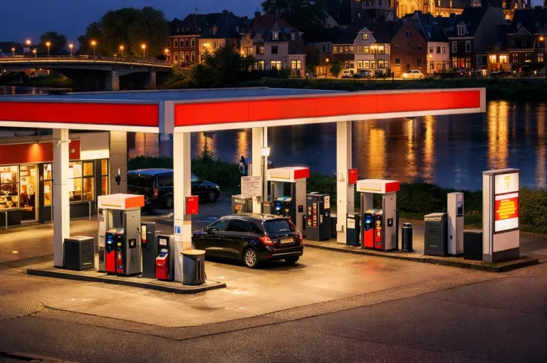 Een realistische foto van een tankstation in Zutphen, met verlichting, auto’s en een rustige avondlucht.