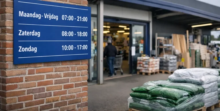 Realistische foto van een bouwmarkt in Zutphen met de openingstijden bij de ingang.