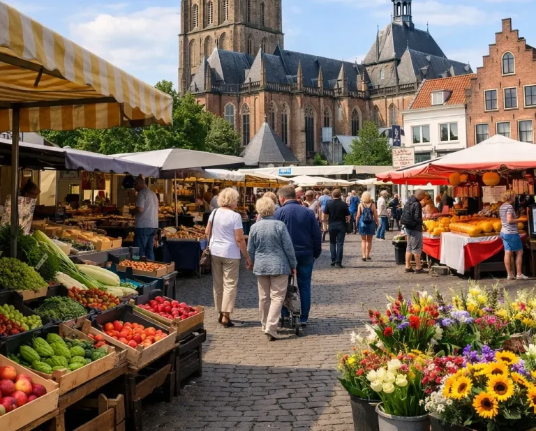 Een realistische foto van de levendige weekmarkt in het historische centrum van Zutphen.